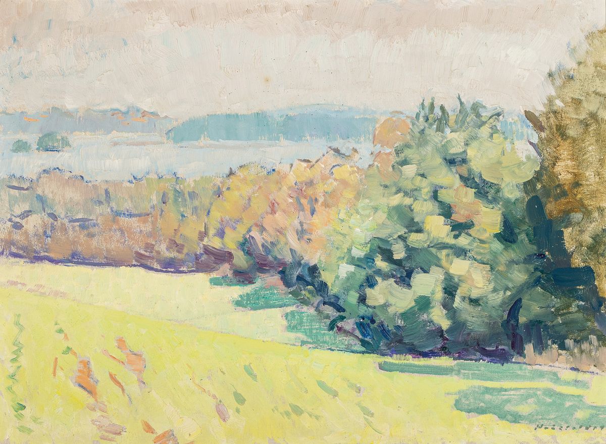 Hans Hausfeldt, 1902-1977 Hamburg, Sommerliche Landschaft mit See, Öl/Malkarton, rechts unten signiert, rückseitig Nachlaßstempel mit Nummer 304, ...