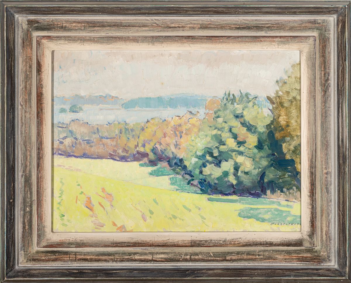 Detail k: Hans Hausfeldt, 1902-1977 Hamburg, Sommerliche Landschaft mit See, Öl/Malkarton, rechts unten signiert, rückseitig Nachlaßstempel mit Nummer 304, ...