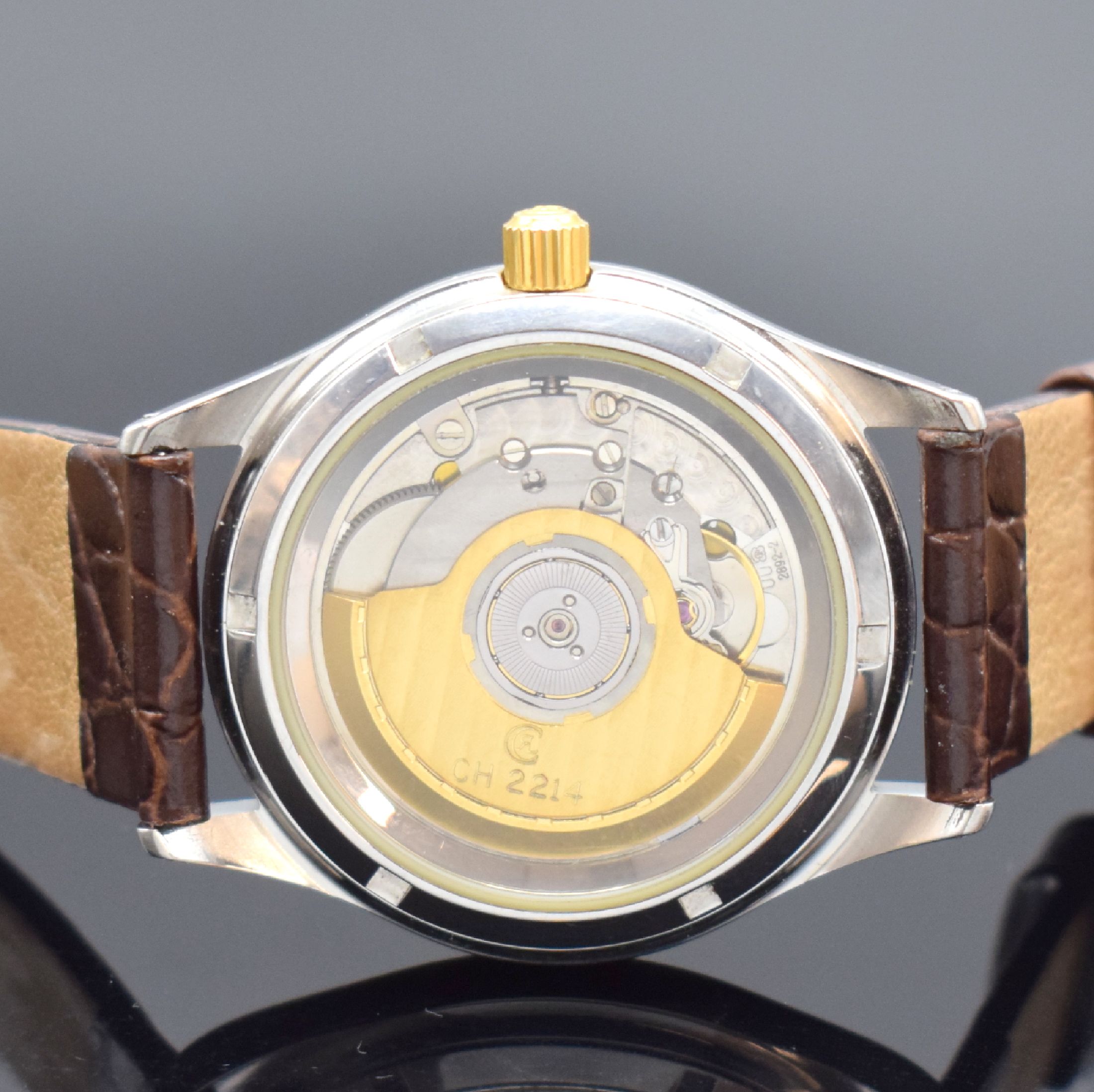 Detail c: CHRONOSWISS Herrenarmbanduhr Pacific Referenz CH 2214, Schweiz um 1990, Automatik, Edelstahl/Gold komb., beids. vergl., Boden & Krone verschr., silb. ...