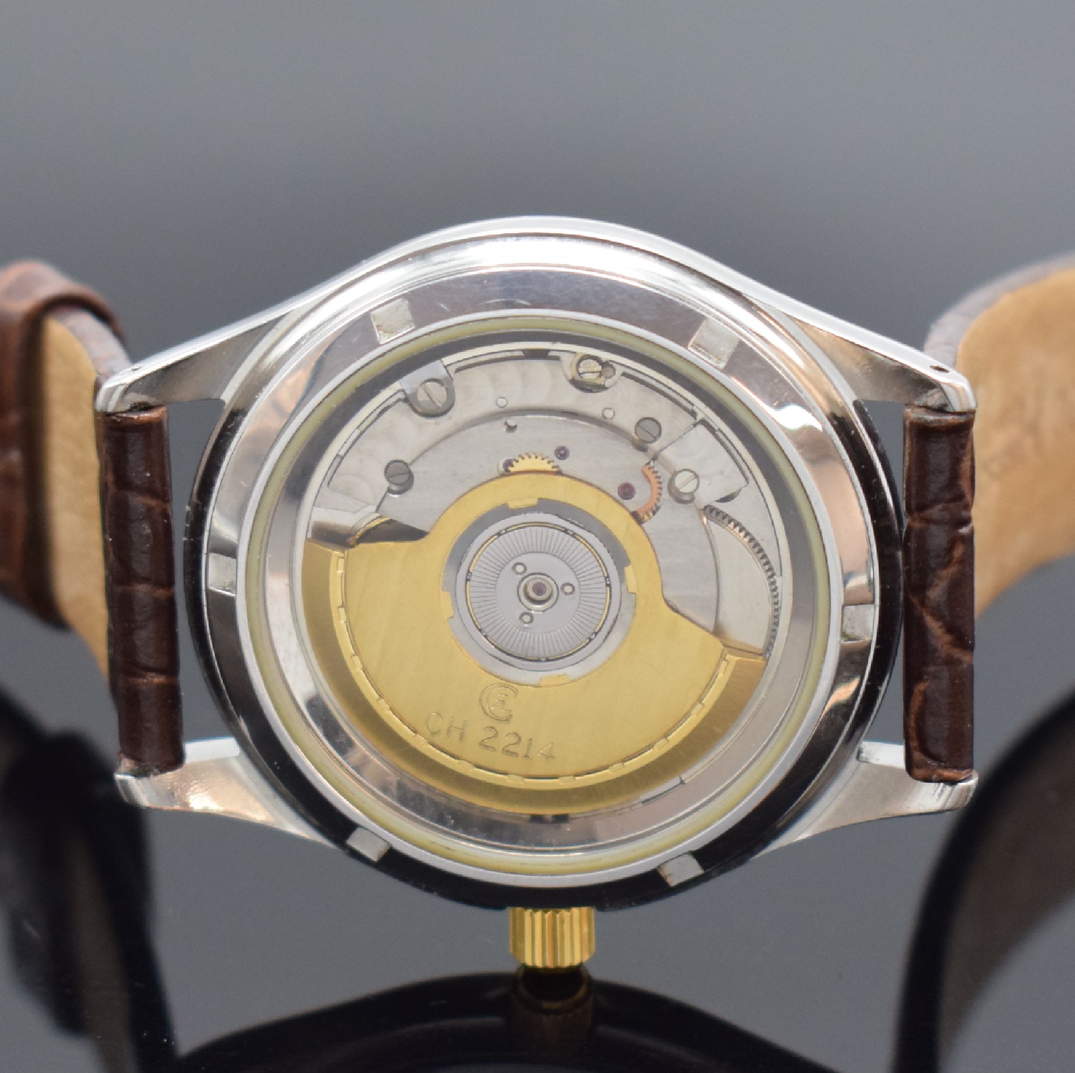 Detail d: CHRONOSWISS Herrenarmbanduhr Pacific Referenz CH 2214, Schweiz um 1990, Automatik, Edelstahl/Gold komb., beids. vergl., Boden & Krone verschr., silb. ...