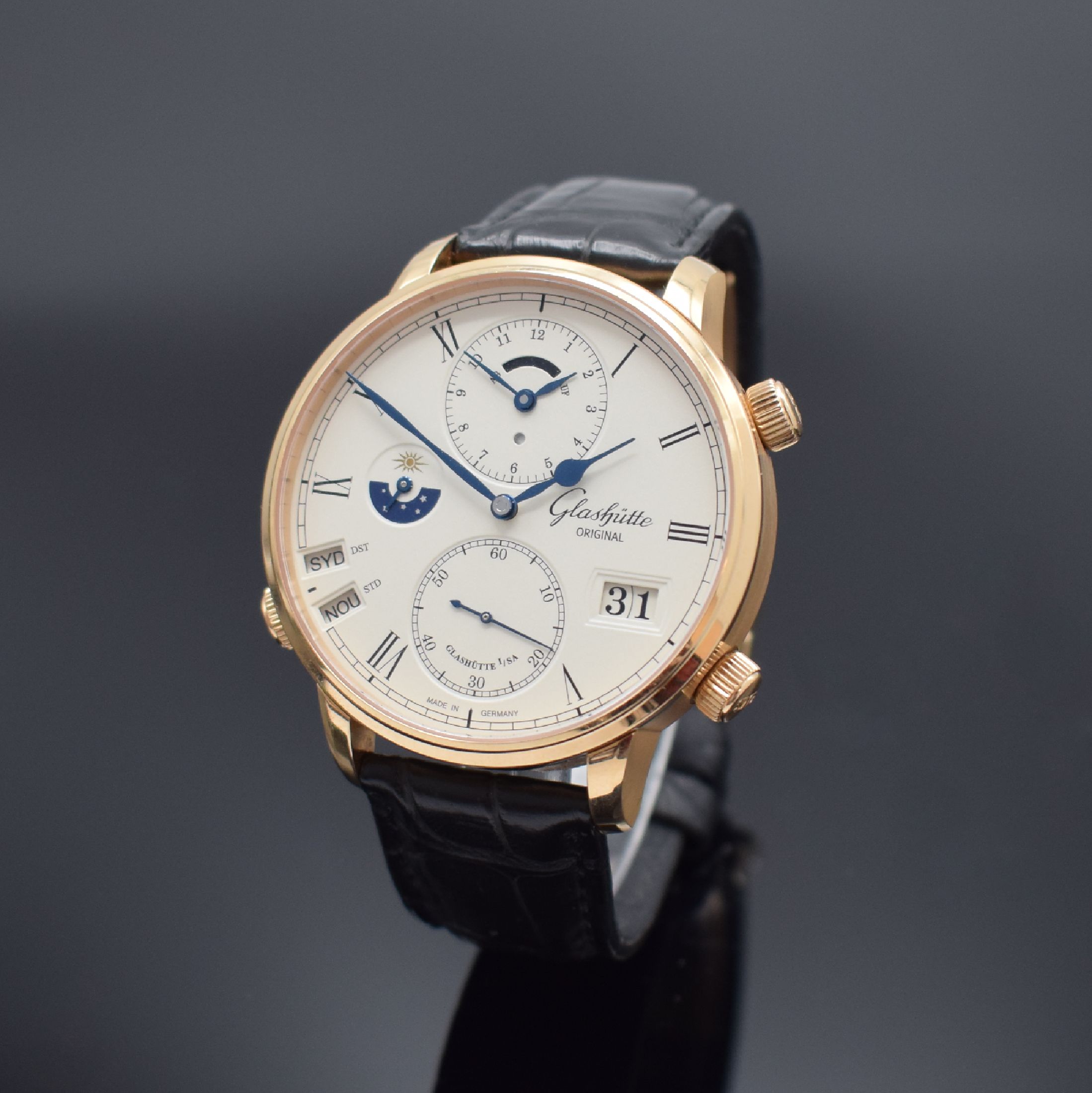 GLASHÜTTE ORIGINAL Senator Cosmopolite große Herrenarmbanduhr in RoséG 750/000 Referenz 18902010530, Deutschland verk. lt. beil. Pap. 07/2019, ...
