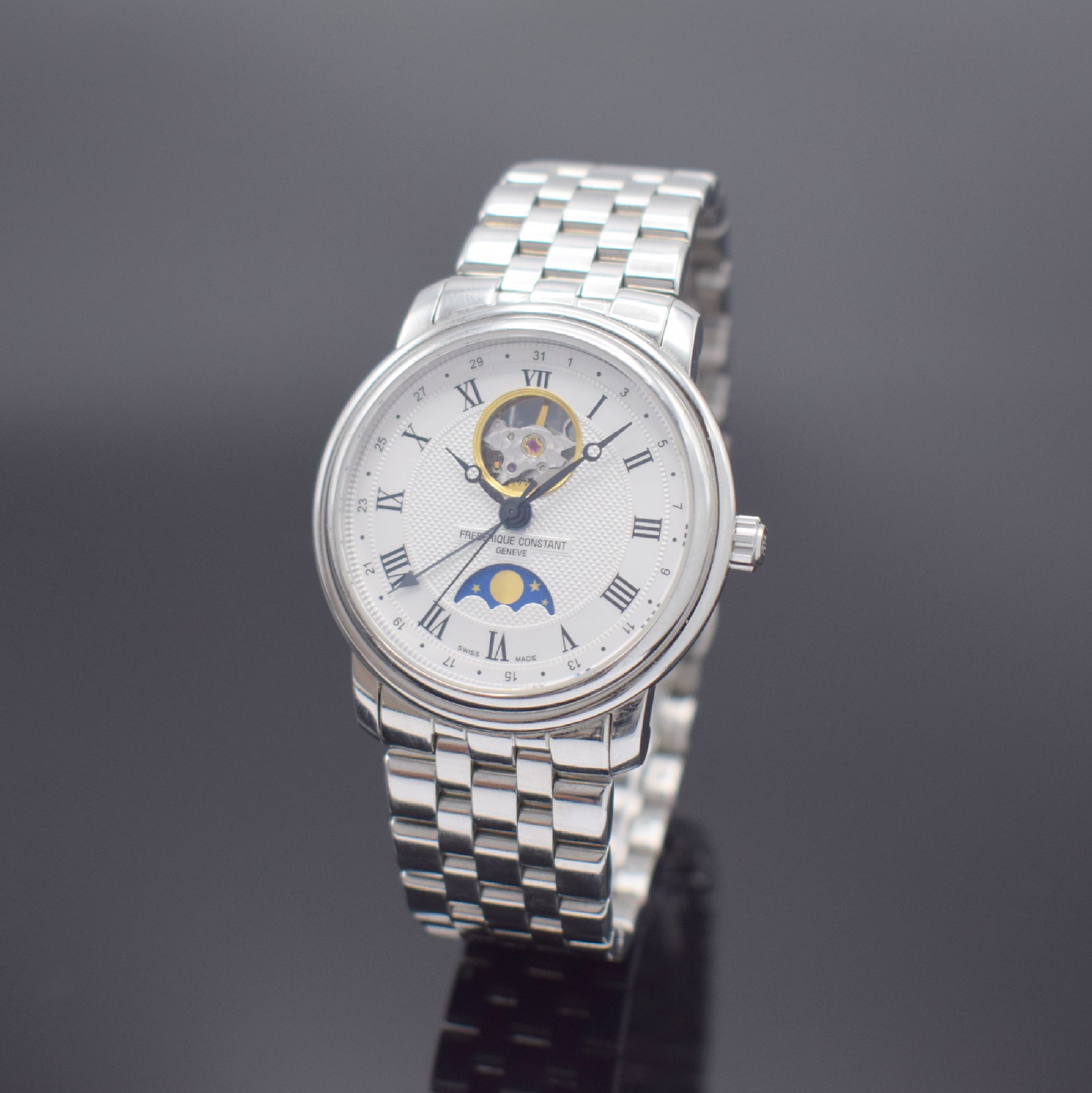 FREDERIQUE CONSTANT Herrenarmbanduhr Classic Heart Beat Moonphase Referenz FC- 330/335X4P4/5/6, Automatik, Schweiz um 2015, Edelstahlgeh. inkl. ...