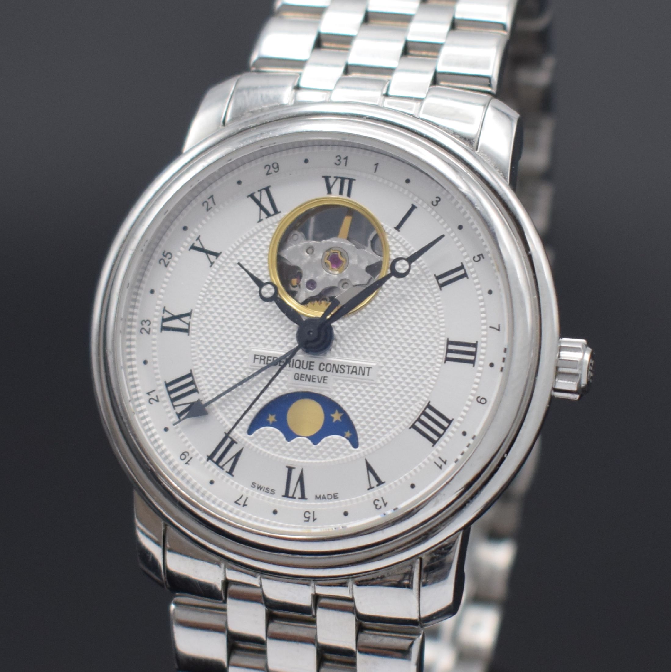 Detail a: FREDERIQUE CONSTANT Herrenarmbanduhr Classic Heart Beat Moonphase Referenz FC- 330/335X4P4/5/6, Automatik, Schweiz um 2015, Edelstahlgeh. inkl. ...
