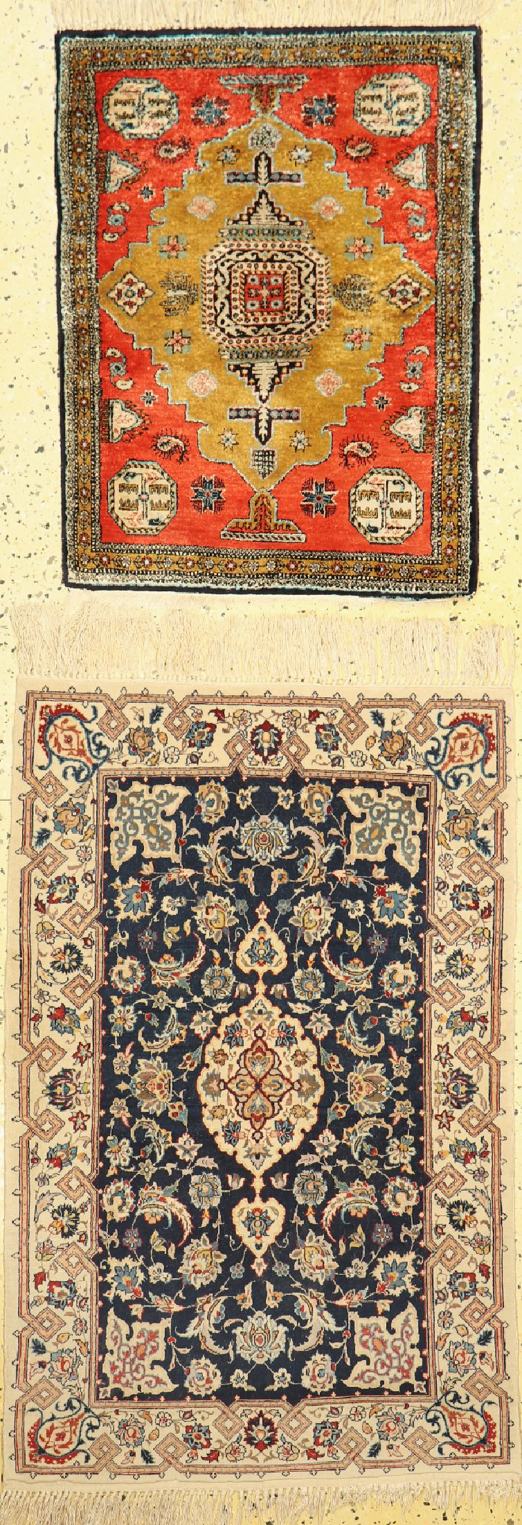 2 Poschti, Persien, Esfahan fein & Ghom Seide, Korkwolle mit und auf Seide, ca. 110 x 70 cm, EHZ: 2