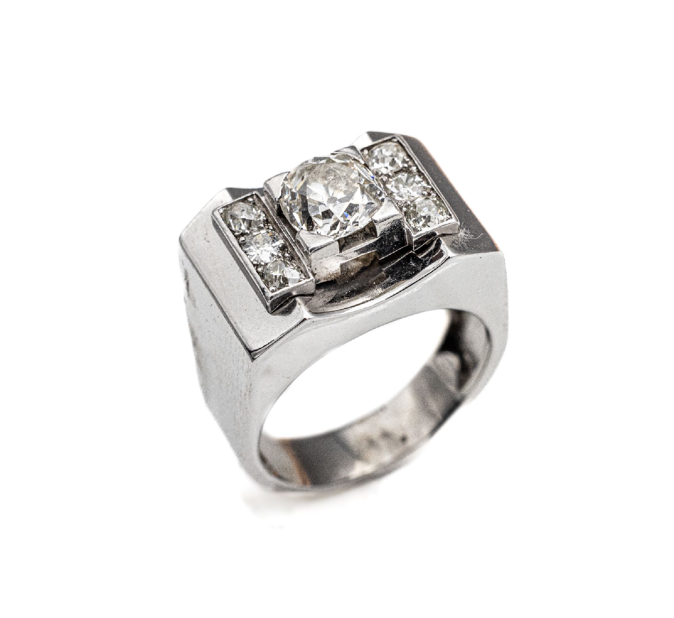 18 kt Gold Diamant-Ring, WG 750/000 gepr., mittig Altschliffdiamant ca. 1.25 ct l.get. Weiß/p, seitl. 6 Altschliffdiamanten zus. ca. 0.30 ct get. ...