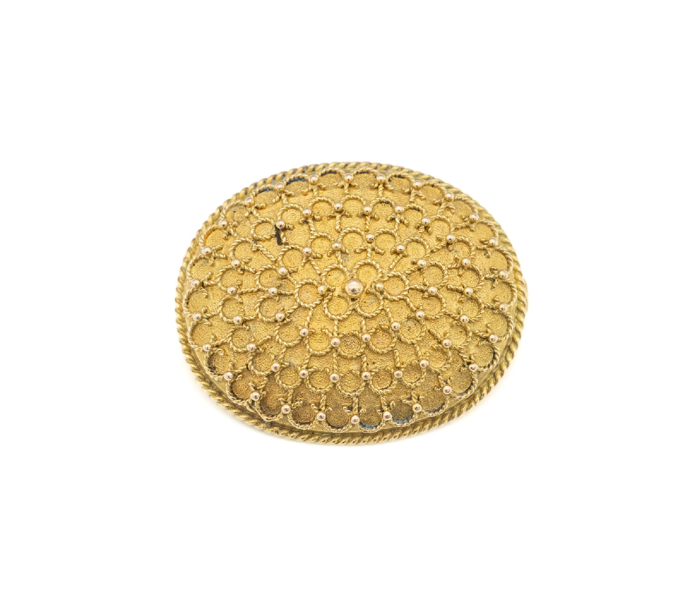 14 kt Gold Brosche, GG 585/000, um 1900, Handarbeit, wohl deutsch, urspr. aus anderem Zusammenhang, Nadelung und Montur sek., aufgelötete ...