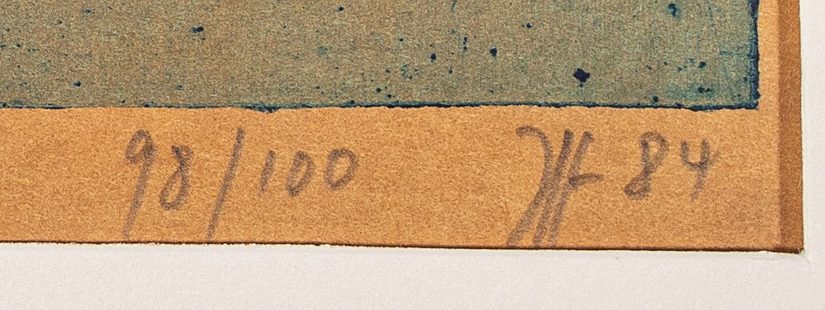 Detail a: Horst Janssen, 1929 - 1995, farbige Radierung auf dickem, dunkelbraun eingefärbtemPapier mit dem vollen Schöpfrand, re. u. handsigniert, num. ...