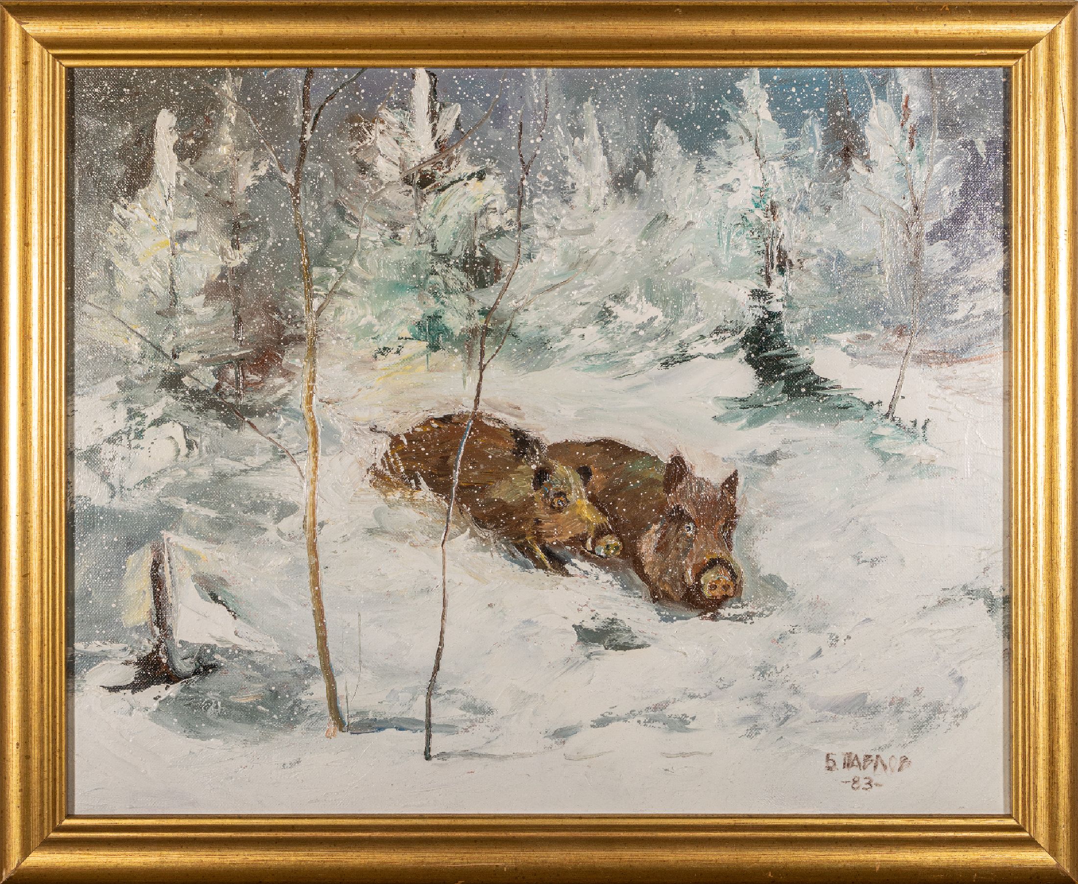 Boris Pavlov, 1928 Moskau - 2005 Paris, großformatiges Ölgemälde, "Winter im Burgunderland - Schwarzwild am Waldrand", re. u. ...