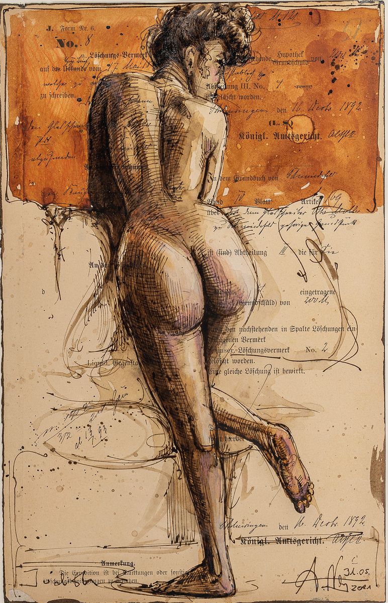 Andreas Noßmann, geb. 1962, "Judith", Mischtechnik: Federzeichnung, Aquarell/ Farbstift auf Papier, stehender Frauenakt von hinten, re. u. ...