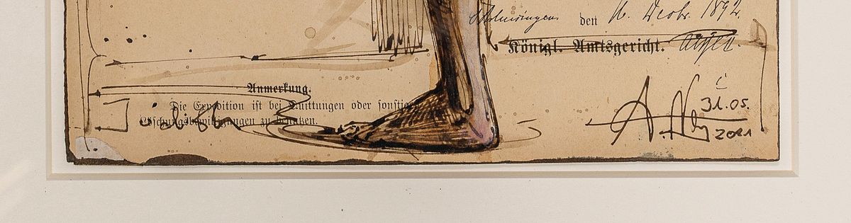 Detail a: Andreas Noßmann, geb. 1962, "Judith", Mischtechnik: Federzeichnung, Aquarell/ Farbstift auf Papier, stehender Frauenakt von hinten, re. u. ...