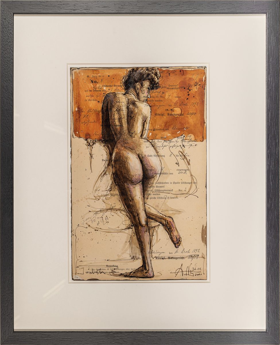 Detail k: Andreas Noßmann, geb. 1962, "Judith", Mischtechnik: Federzeichnung, Aquarell/ Farbstift auf Papier, stehender Frauenakt von hinten, re. u. ...