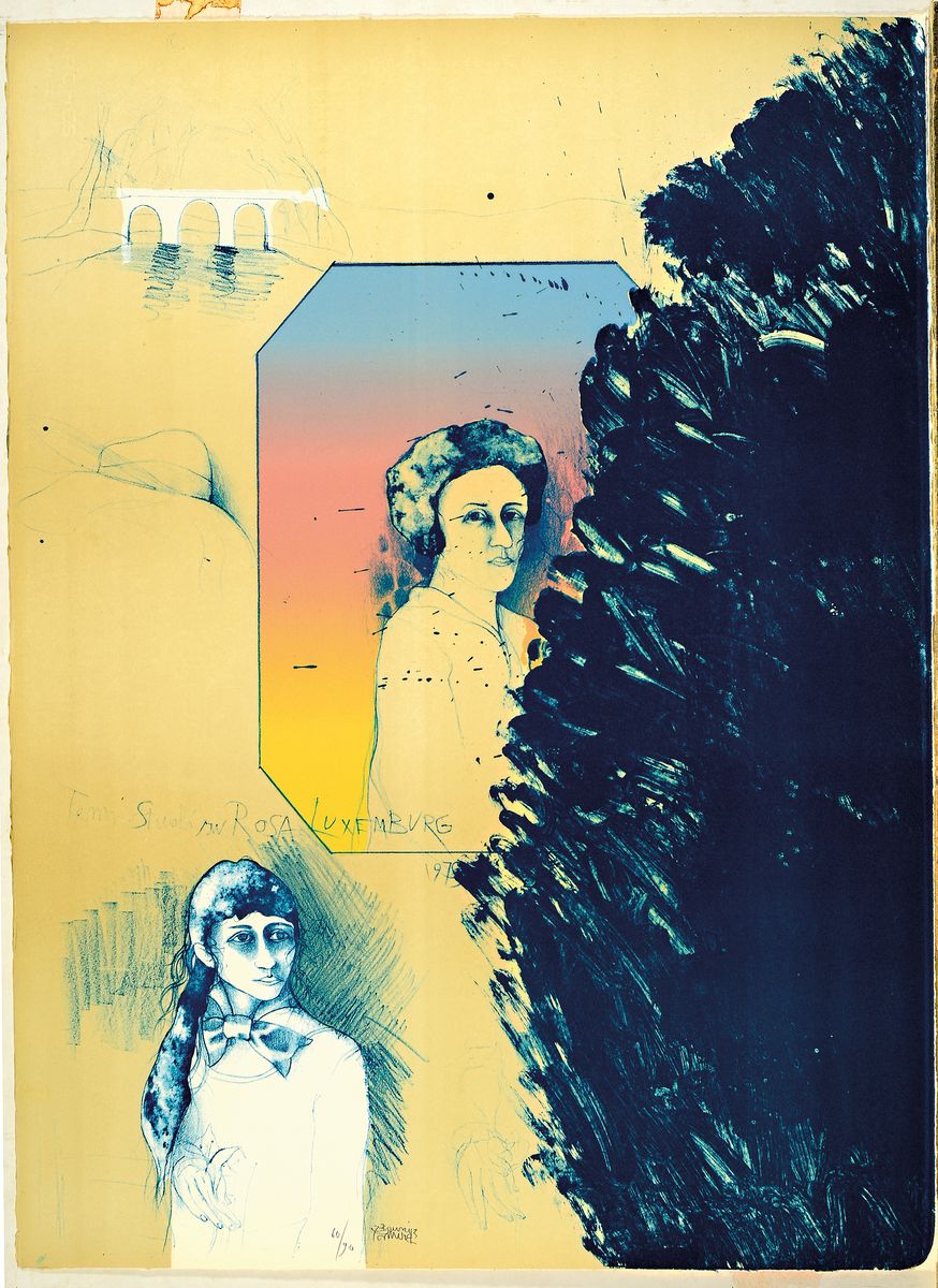Bruno Bruni, geb. 1935, Farblitho auf schwerem Büttenkarton mit vollem Schöpfrand, "Studi su Rosa Luxemburg" Blatt aus dem Mappenwerk ...