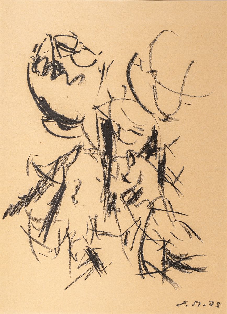 Monogrammist E.M., Tuschezeichnung, abstrakte Komposition, datiert (19)75, Blattgr. 75 x 40.5 cm, Passepartout ca. 80 x 60 cm