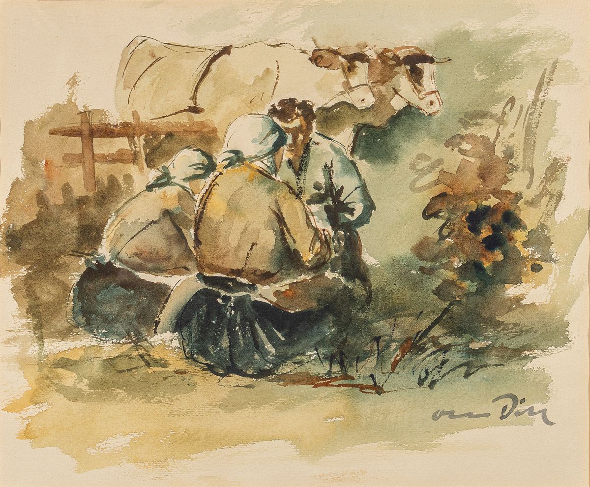 Otto Dill, 1884 Neustadt-1957 Bad Dürkheim, rastende Bauern, Aquarell auf Papier, re. unten signiert, aus den 1930er Jahren, PP-Ausschnitt ca. 36 x ...