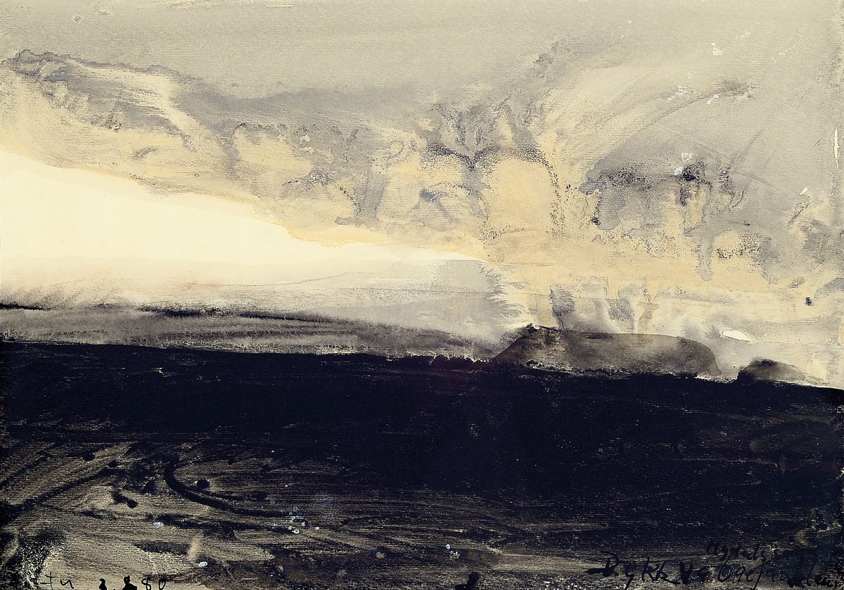 Klaus Fußmann, geb. 1938, Gouache auf dicken Aquarellbütten, handsigniert und dat. 1980, Anicht einer Insel vor Ecuador, wo sich Fußmann zu ...