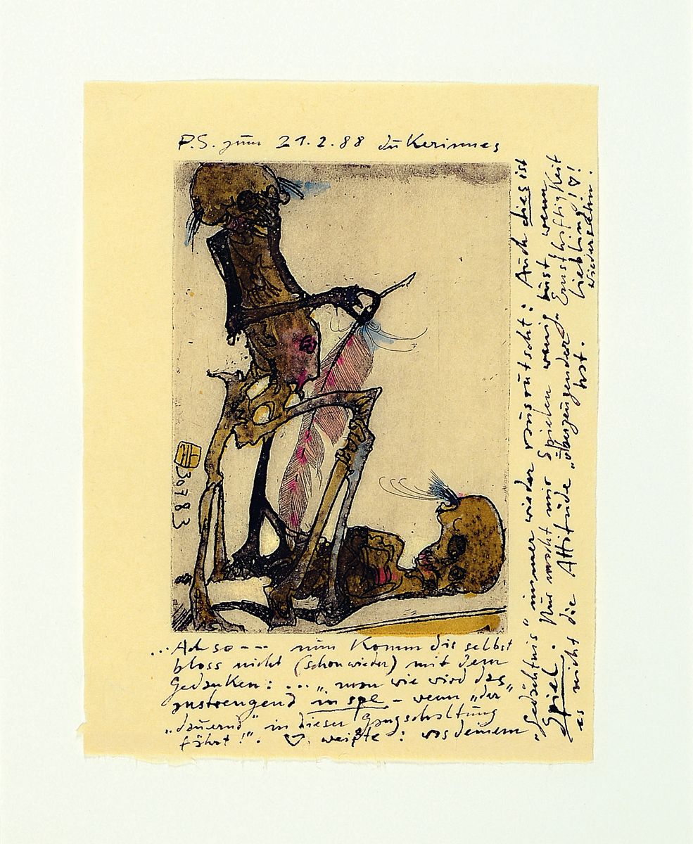 Horst Janssen, 1929 - 1995, Aquarell über Radierung, handsigniert und mit handschriftlichen Anmerkungen des Künstlers, aus 1988, aufgrund der ...