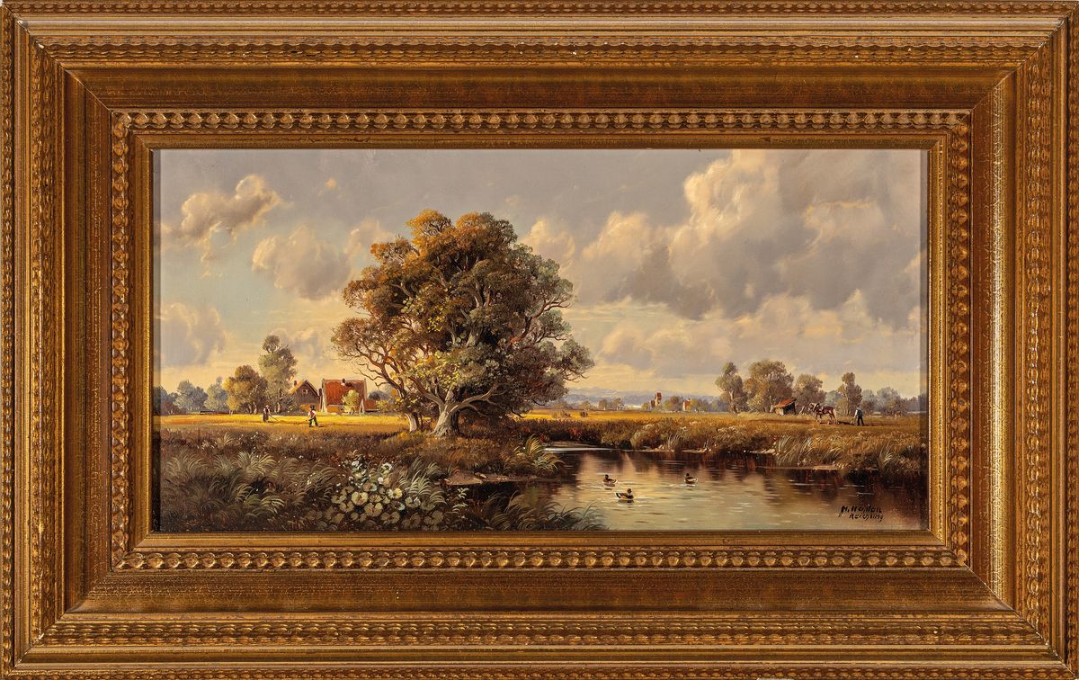 Detail k: Hubert Kaplan, geb. 1940 München, idyllische Erntelandschaft, zentrale Baumgruppe mit Ententeich gliedert das Bild in eine Synchrondarstellung aus ...