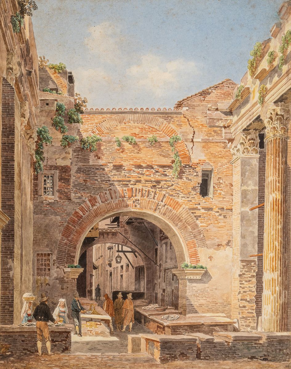 Jean-Lubin Vauzelle, 1776 - 1834, Aquarell "Rom, Ruinen vom Tor des Octavian", unten li. handsigniert und Reste von Datierung, Blattgr. ca. ...