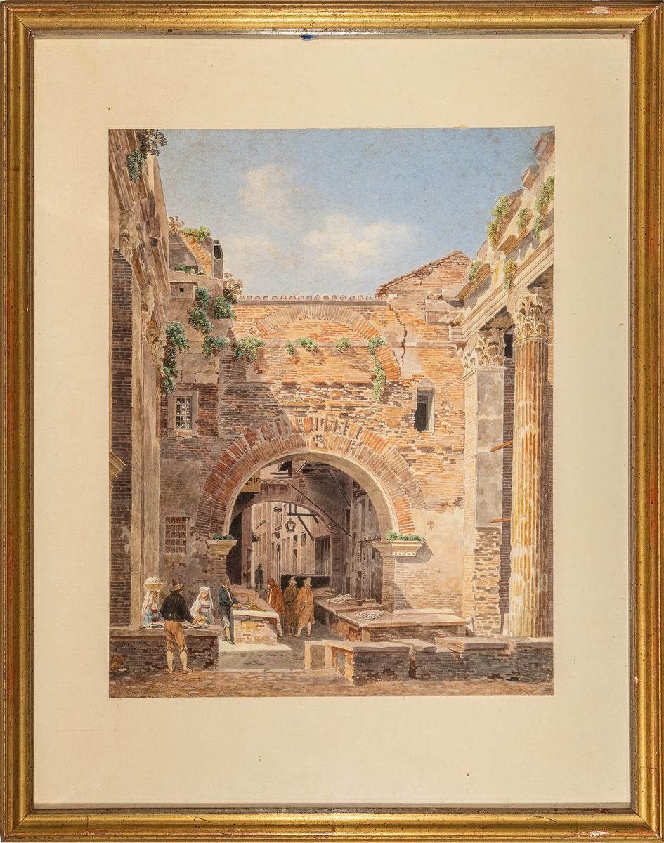 Detail k: Jean-Lubin Vauzelle, 1776 - 1834, Aquarell "Rom, Ruinen vom Tor des Octavian", unten li. handsigniert und Reste von Datierung, Blattgr. ca. ...