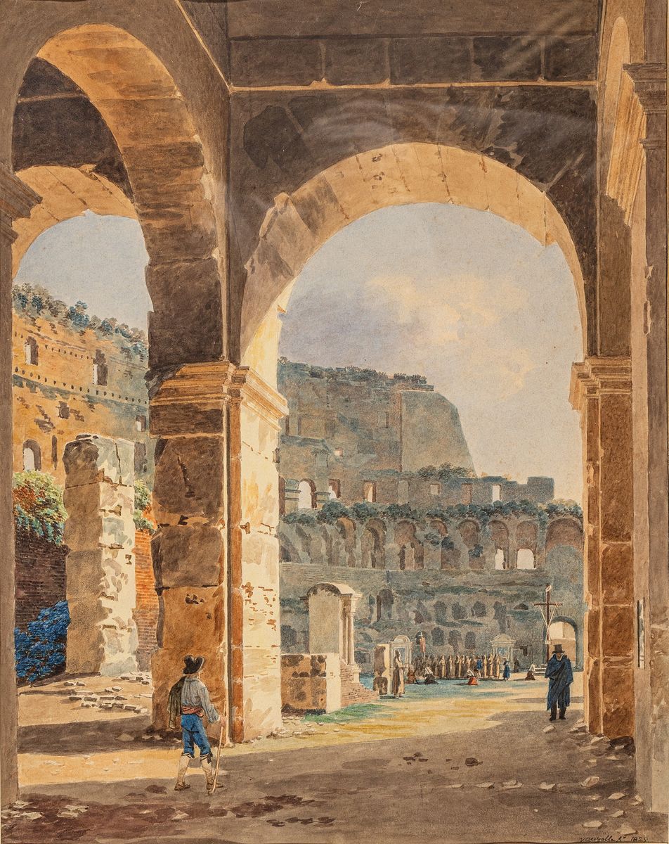 Jean-Lubin Vauzelle, 1776 - 1834, Aquarell auf Papier, "Rom, Blick auf das Colosseum", unten re. handsigniert und dat. 1929, Blattgr. ca. ...