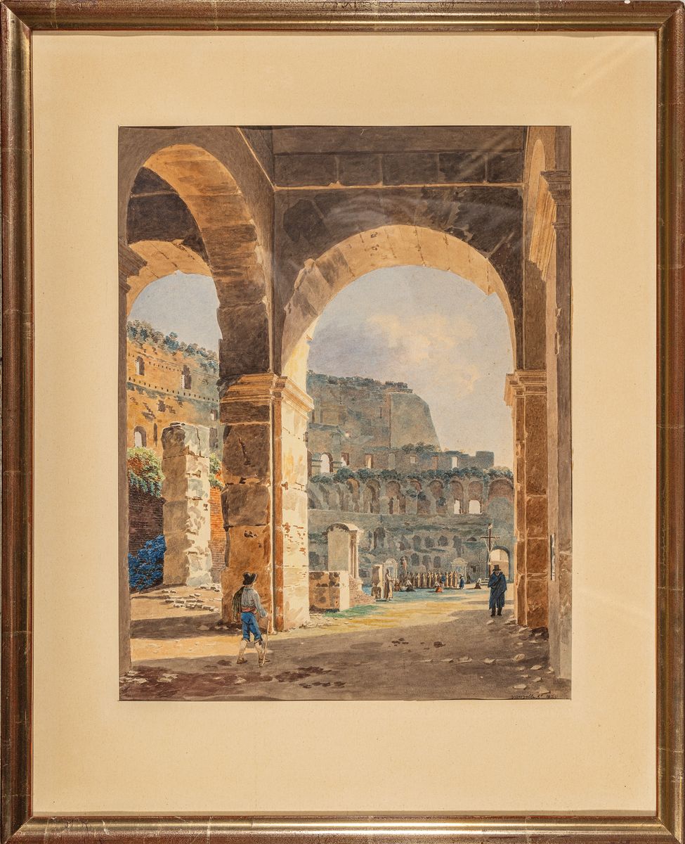 Detail k: Jean-Lubin Vauzelle, 1776 - 1834, Aquarell auf Papier, "Rom, Blick auf das Colosseum", unten re. handsigniert und dat. 1929, Blattgr. ca. ...