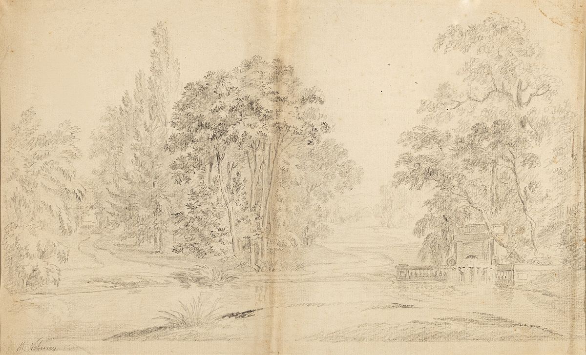 Michael Neher, 1798 München - 1876, deutscher Biedermeiermaler, bekannt für seine Kostümstücke und Landschaften, hier Schloßparkansicht, ...