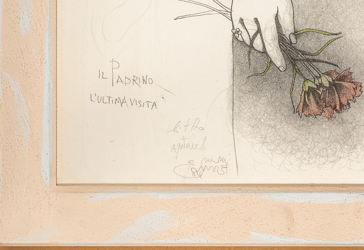 Detail a: Bruno Bruni, geb. 1935, Aquarell über Lithografie auf BFK Rives, handsigniert, "Il Padrino L'Ultima Visita", aufgrund der ...