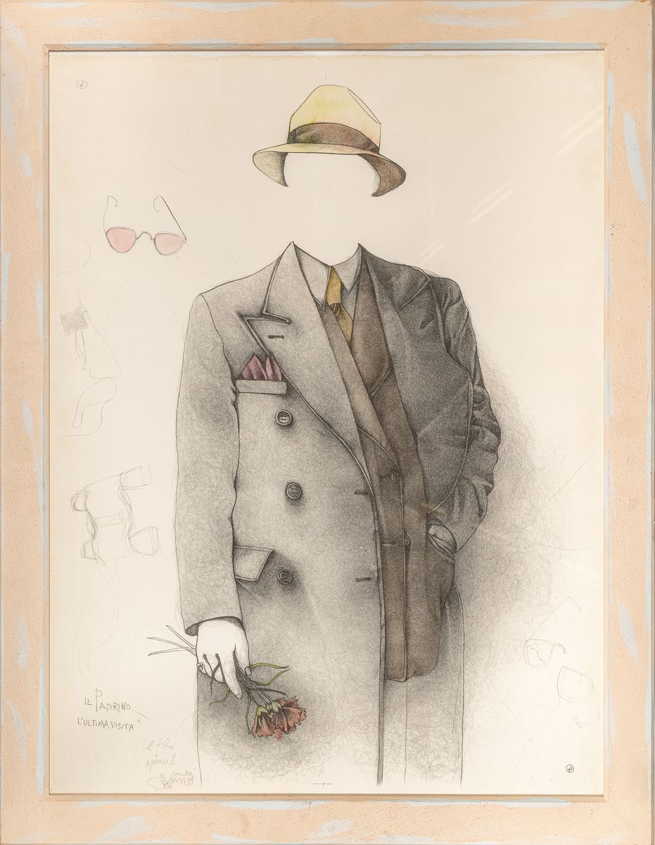 Detail k: Bruno Bruni, geb. 1935, Aquarell über Lithografie auf BFK Rives, handsigniert, "Il Padrino L'Ultima Visita", aufgrund der ...