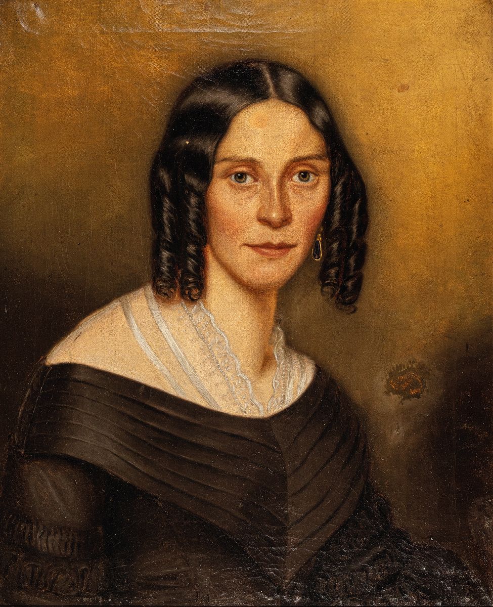 Biedermeiermaler, deutsch, um 1840, zwei Porträts, Dame im dunklen Kleid mit Spitzeneinsatz und Herr in dunkler Kleidung mit Anstecknadel, Öl/Lwd, ...