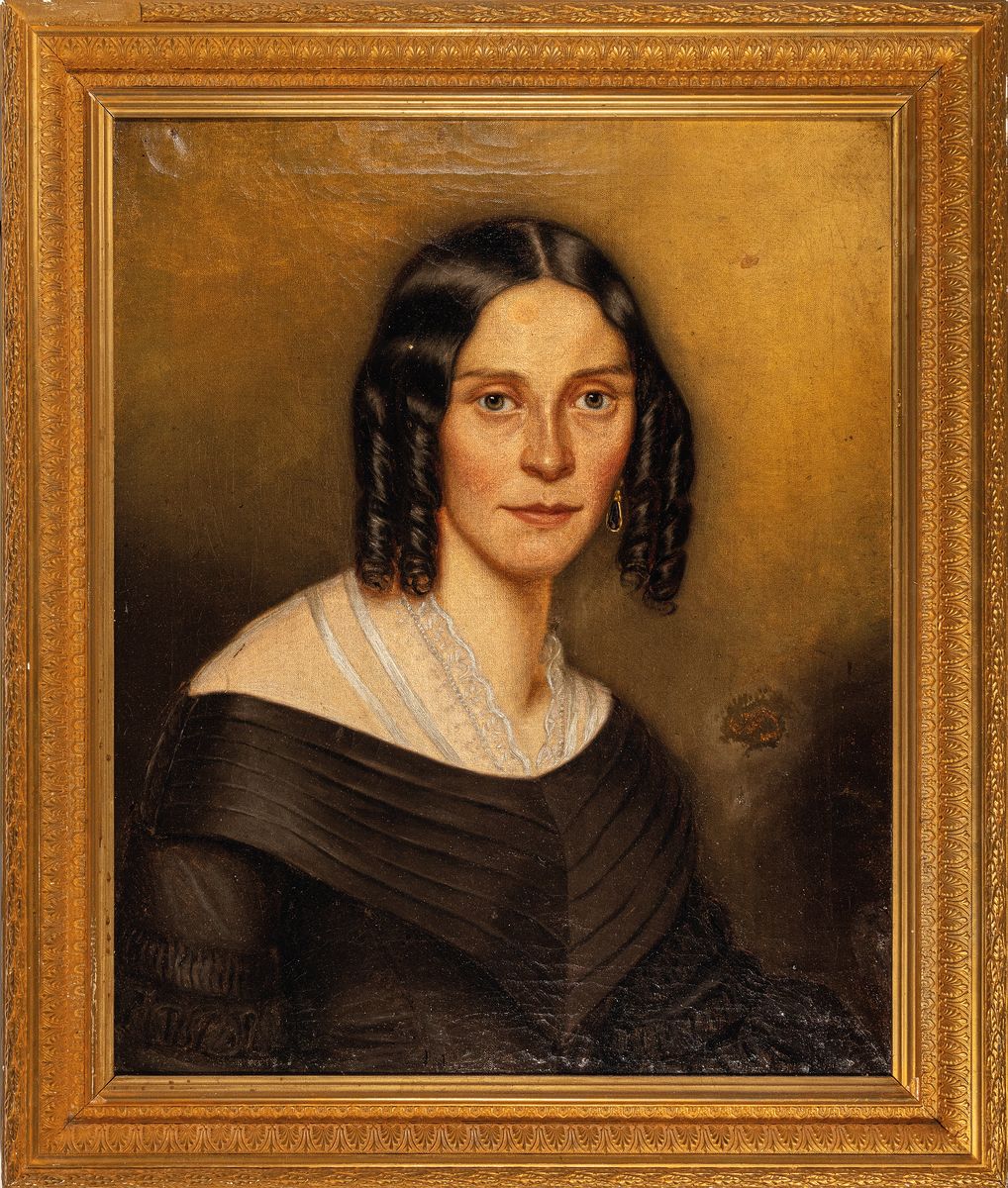 Detail k: Biedermeiermaler, deutsch, um 1840, zwei Porträts, Dame im dunklen Kleid mit Spitzeneinsatz und Herr in dunkler Kleidung mit Anstecknadel, Öl/Lwd, ...