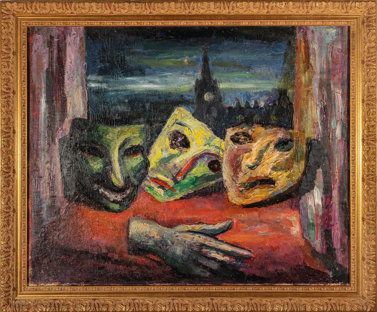 Detail k: Emmanuel Levy, 1900 Manchester - 1986, Masken und Handschuh vor dem Fenster, Öl/Lwd, li. u. signiert und dat. 48, ca. 51 x 64 cm