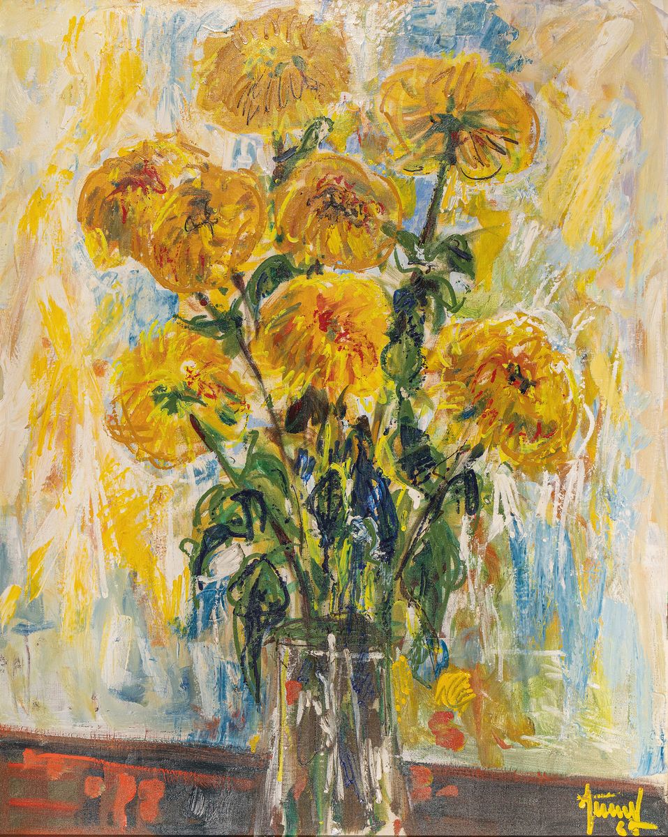 Georg Zeuner, 1923 Dresden - 2011 Speyer, großes Blumenstillleben, Öl/Lwd, re. u. signiert, ca. 100 x 80 cm, Rahmen ca. 113 x 91.5 cm, Gebr.spuren