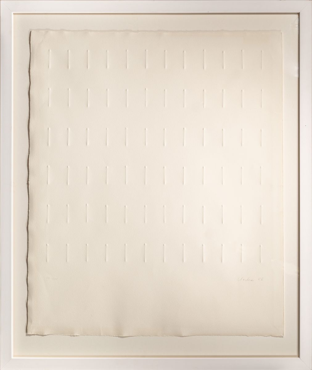 Detail k: Günther Uecker, geb. 19630, Prägedruck auf Büttenpapier, "Parallele Reihung", unten rechts handsigniert und dat. (19)68, links unten ...