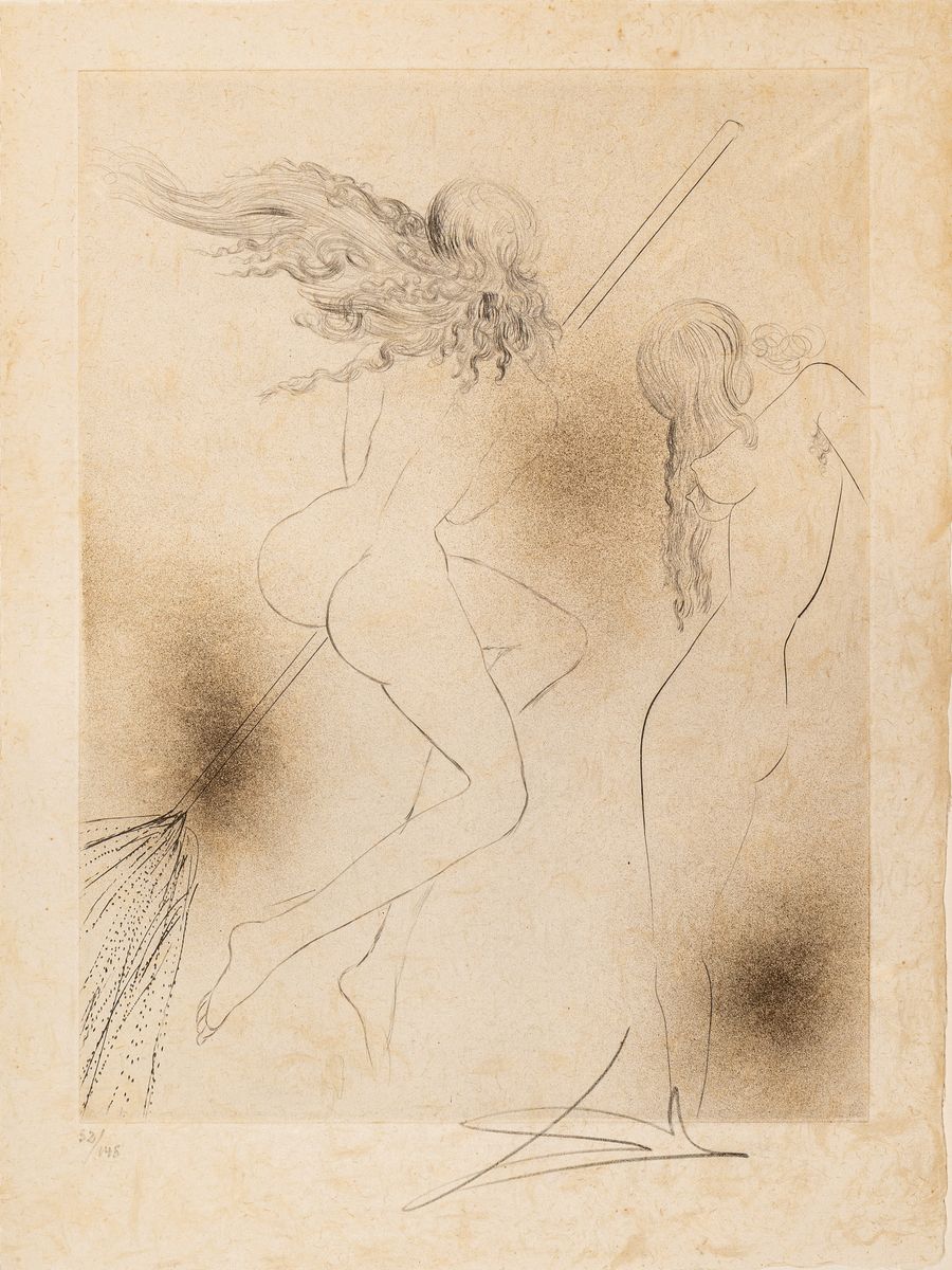 Salvador Dali, 1904 Figueras - 1989, Kaltnadelradierung aqaurelliert, goldgehöht, "Sorciére au balai" (Hexe mit Besen), aus der Folge ...
