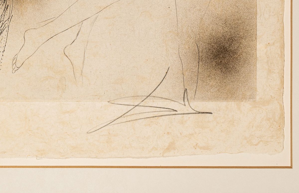 Detail a: Salvador Dali, 1904 Figueras - 1989, Kaltnadelradierung aqaurelliert, goldgehöht, "Sorciére au balai" (Hexe mit Besen), aus der Folge ...
