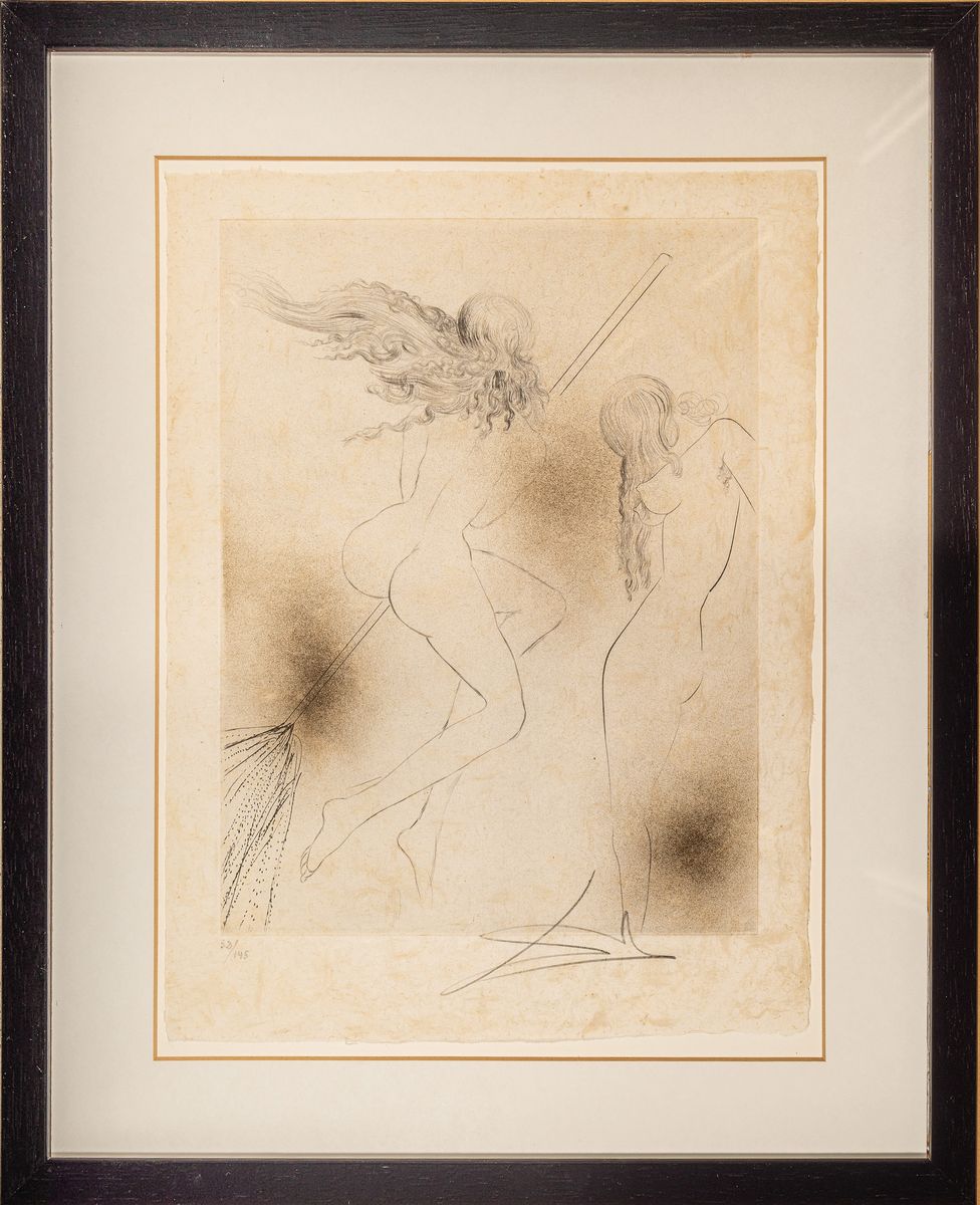 Detail k: Salvador Dali, 1904 Figueras - 1989, Kaltnadelradierung aqaurelliert, goldgehöht, "Sorciére au balai" (Hexe mit Besen), aus der Folge ...