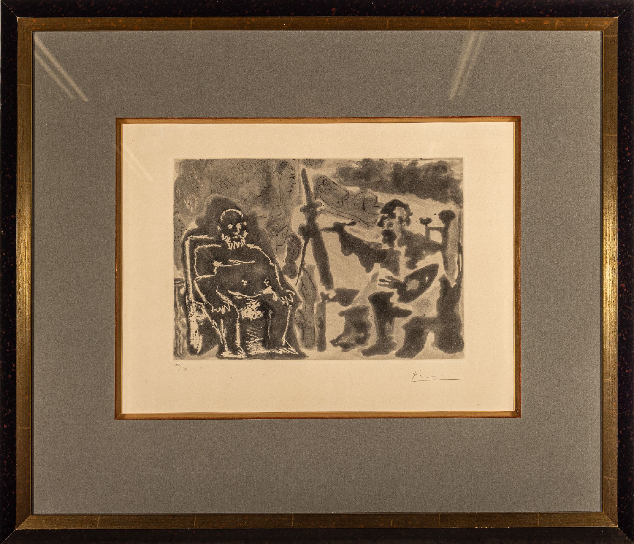 Picasso, Pablo, 1881 - 1973, Aquatinta und Kaltnadelradierung auf Richard deBas Papier, "Peintre avec modéle barbu assisune chaise", 1963, ...