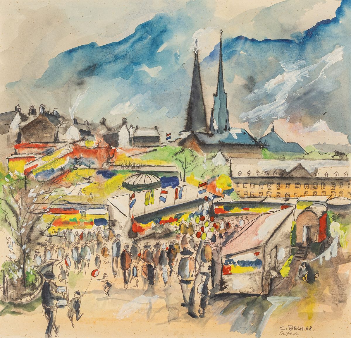 Charles Bech, 1919-2000, luxemburger Künstler, Aquarell auf Papier, Jahrmarkttreiben in Luxemburg, rechts unten signiert und datiert 1968, unter PP ...