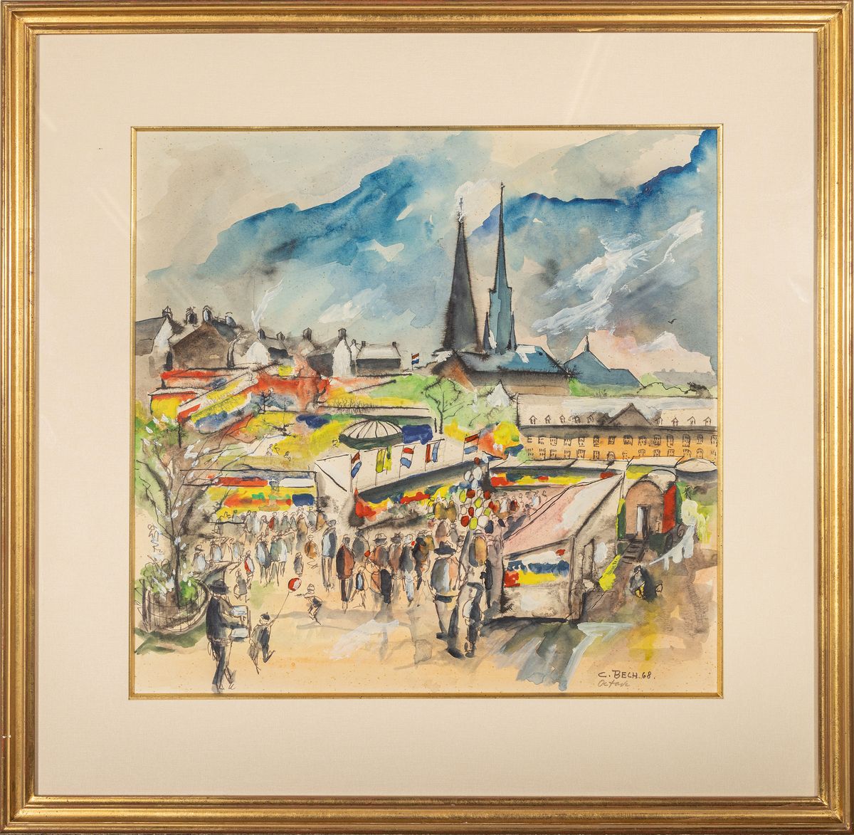 Detail k: Charles Bech, 1919-2000, luxemburger Künstler, Aquarell auf Papier, Jahrmarkttreiben in Luxemburg, rechts unten signiert und datiert 1968, unter PP ...