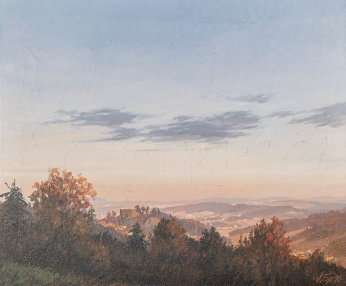 Helmut Spannaus, süddeutscher Maler, verstorben 2002, Sonnenuntergangslandschaft wohl im Odenwald, rechts unten signiert u. datiert 1990, Öl/Lwd, ...