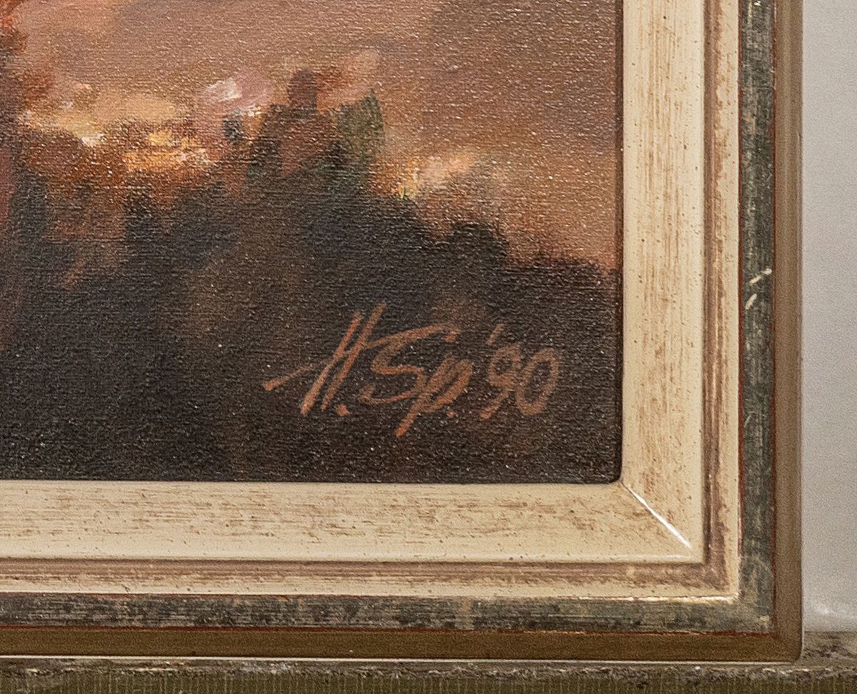 Detail a: Helmut Spannaus, süddeutscher Maler, verstorben 2002, Sonnenuntergangslandschaft wohl im Odenwald, rechts unten signiert u. datiert 1990, Öl/Lwd, ...