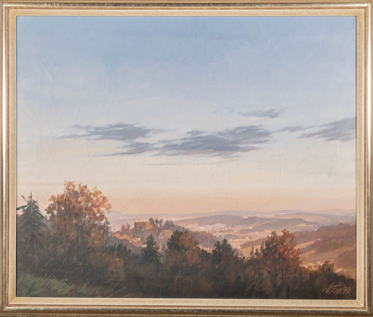 Detail k: Helmut Spannaus, süddeutscher Maler, verstorben 2002, Sonnenuntergangslandschaft wohl im Odenwald, rechts unten signiert u. datiert 1990, Öl/Lwd, ...