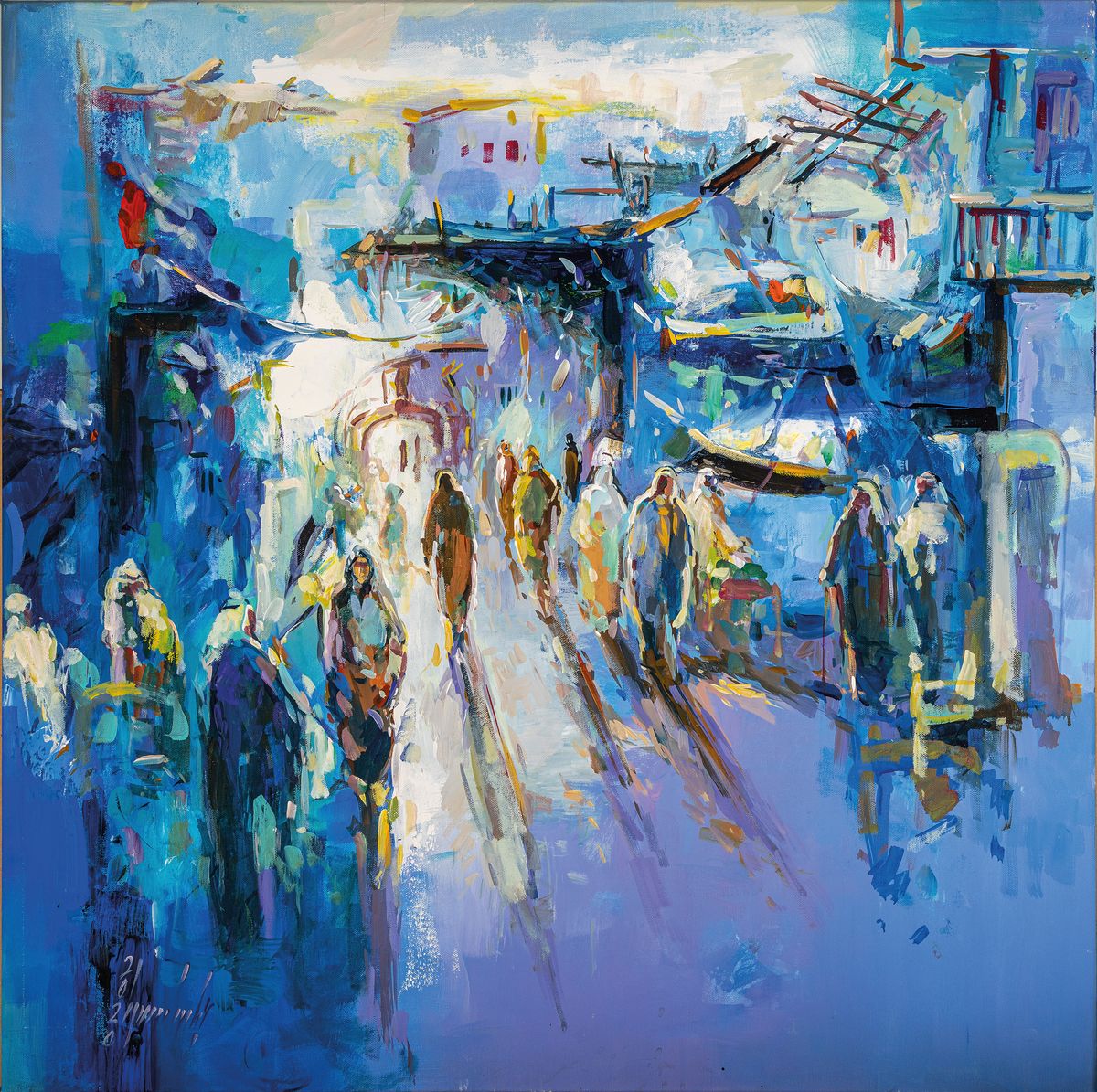 Abbas al Mosawi, geb. 1952, Souk-Szene, Acryl/Lwd, signiert und dat. 2020, Abbas Al-Mosawi zählt zu de bekanntesten zeitgenössischen Künstlern des ...