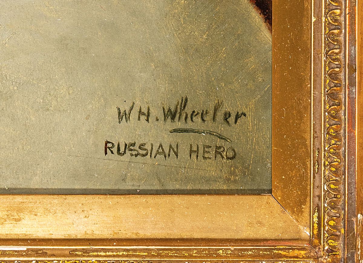 Detail a: Walter Herbert Wheeler, 1878-1960 britisch, "Russian Hero" so bez., Bildnis eines Pferde mit braunem Fell und Geschirr, rechts unten ...
