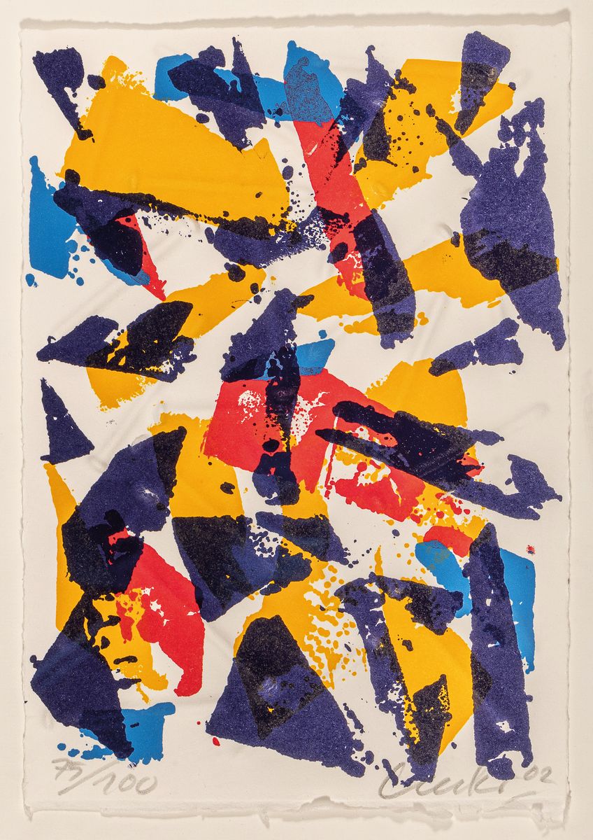 Günther Uecker, geb. 1938, Prägedruck und Farblithografie auf Velin, handsigniert und num. 75/100, aus 2002, Blattgr. 30 x 21 cm, Rahmen ca. 38.5 x ...