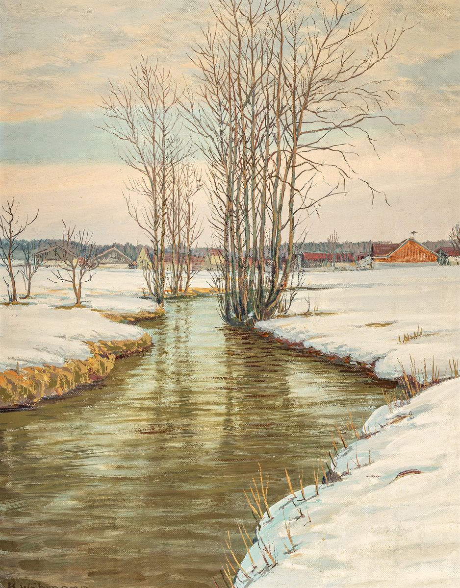 Karl Wähmann, 1897 Finkenstein - 1981 Wasserburg, Winterlandschaft mit Flusslauf, rechts unten signiert, Öl/Lwd, Alterssp., Rahmen 83x66 cm