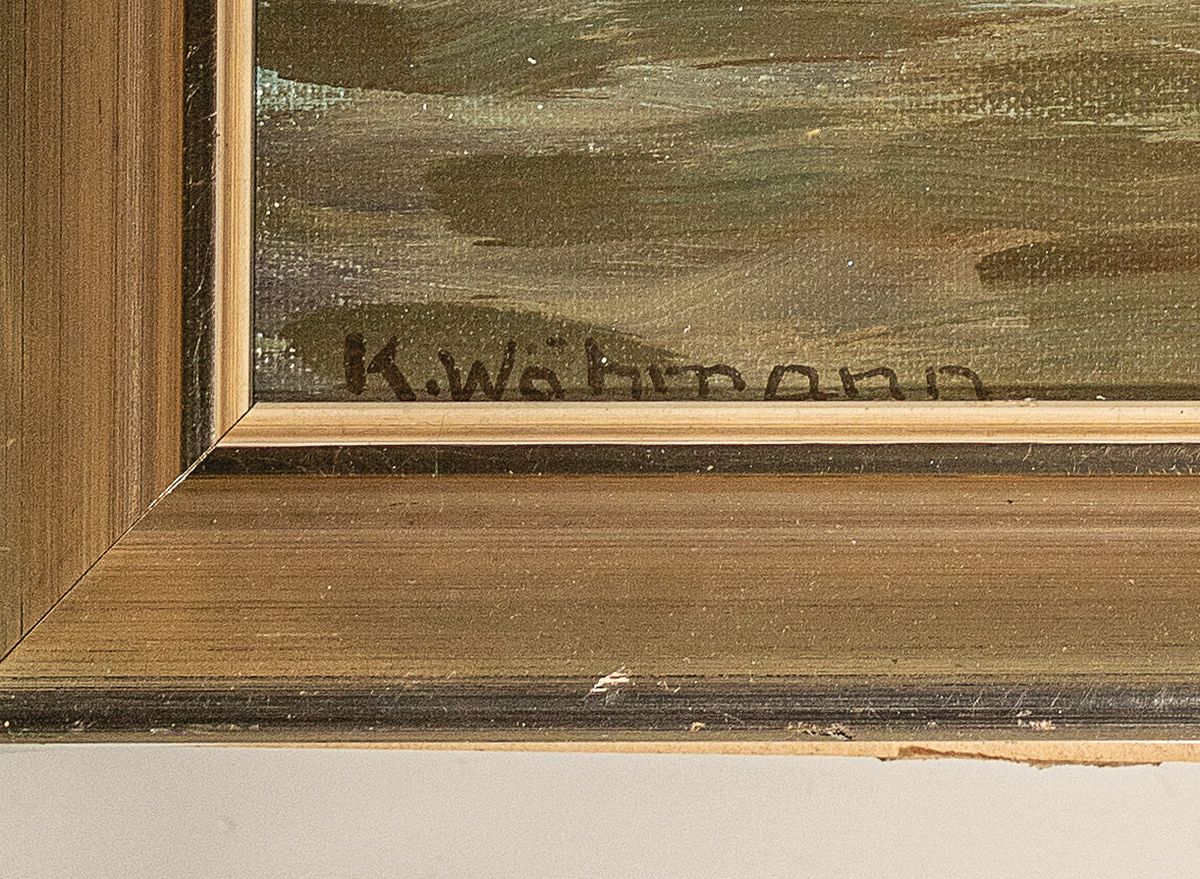 Detail a: Karl Wähmann, 1897 Finkenstein - 1981 Wasserburg, Winterlandschaft mit Flusslauf, rechts unten signiert, Öl/Lwd, Alterssp., Rahmen 83x66 cm