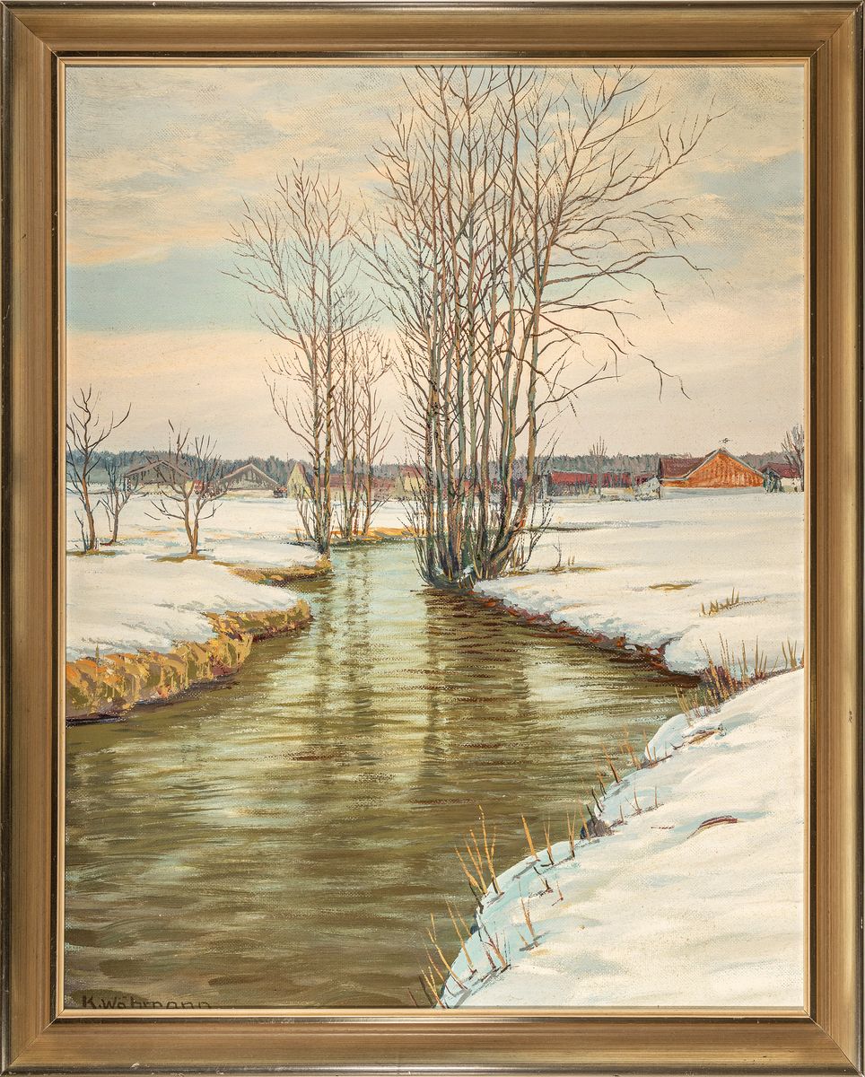 Detail k: Karl Wähmann, 1897 Finkenstein - 1981 Wasserburg, Winterlandschaft mit Flusslauf, rechts unten signiert, Öl/Lwd, Alterssp., Rahmen 83x66 cm