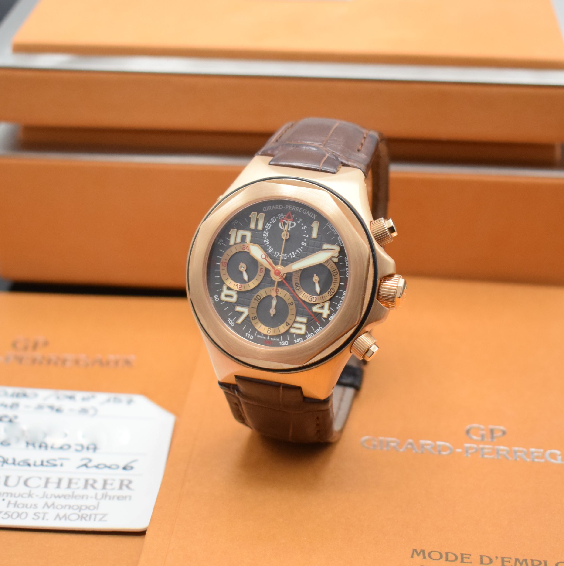 GIRARD PERREGAUX Armbandchronograph Laureato EVO 3 in Roségold 750/000 Referenz 80180, Automatik, 3-teil. Geh. inkl. orig. Lederband m. orig. ...