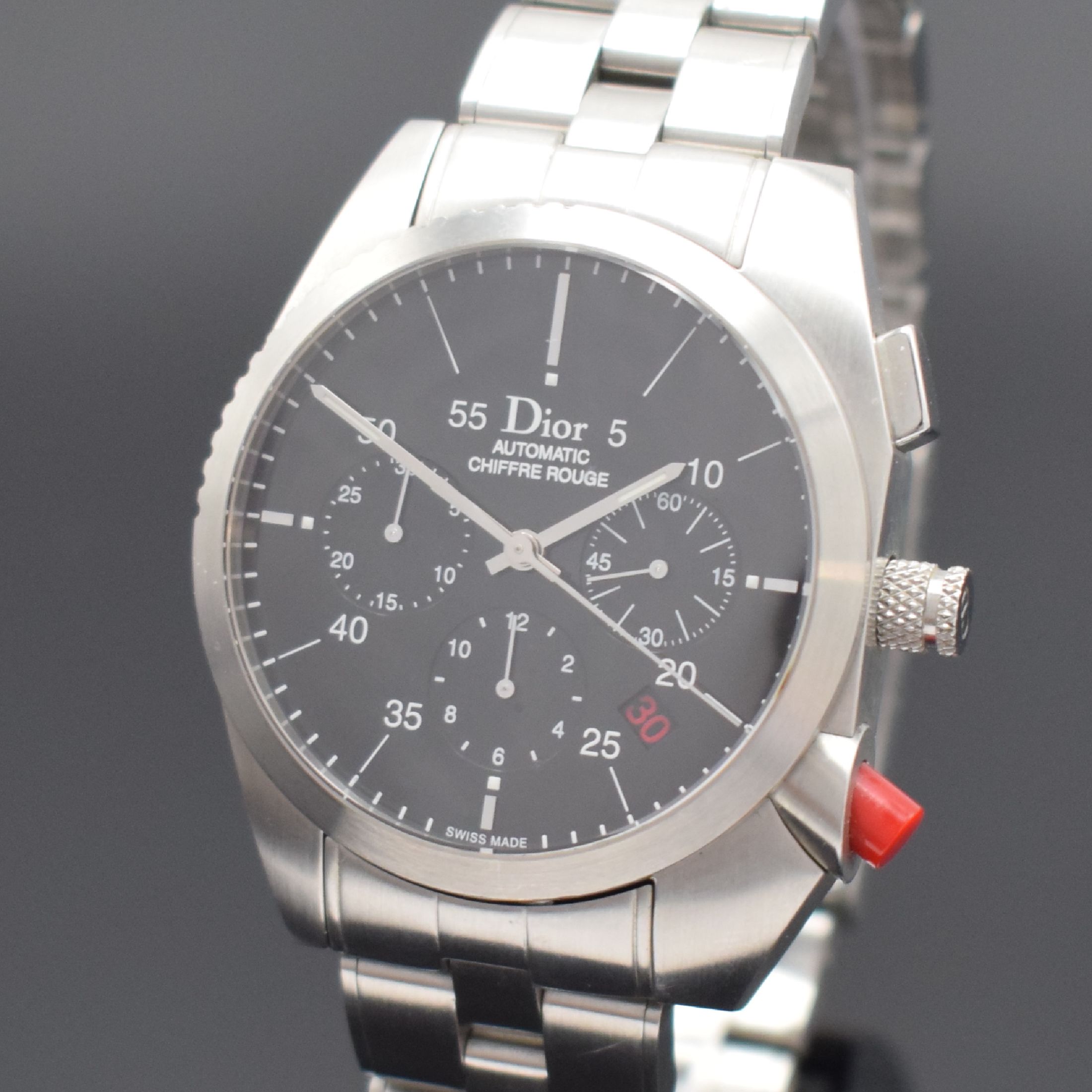 Detail a: DIOR Armbandchronograph Chiffre Rouge Referenz A02, Automatik, Schweiz um 2013, Edelstahlgeh. inkl. Gliederband m. Faltschl., beids. vergl., Boden ...